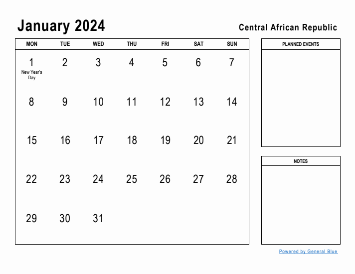 January 2024 Printable Monthly Calendar with Central African Republic Holidays