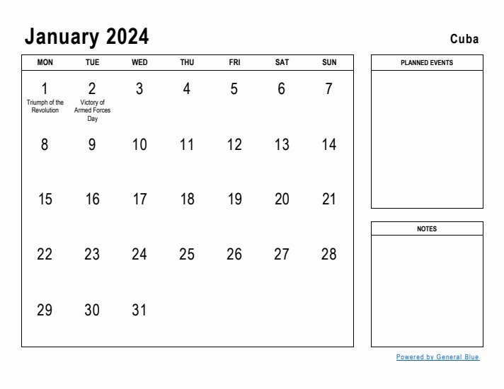 January 2024 Printable Monthly Calendar with Cuba Holidays