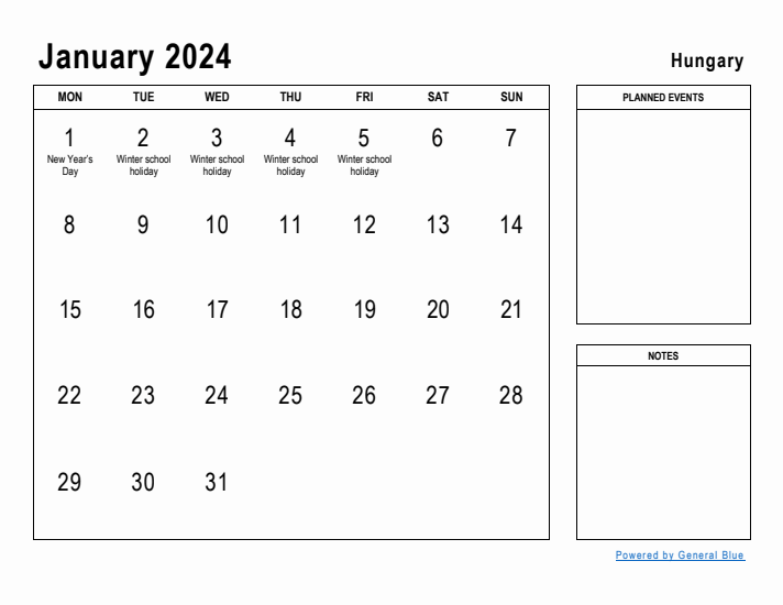 January 2024 Printable Monthly Calendar with Hungary Holidays