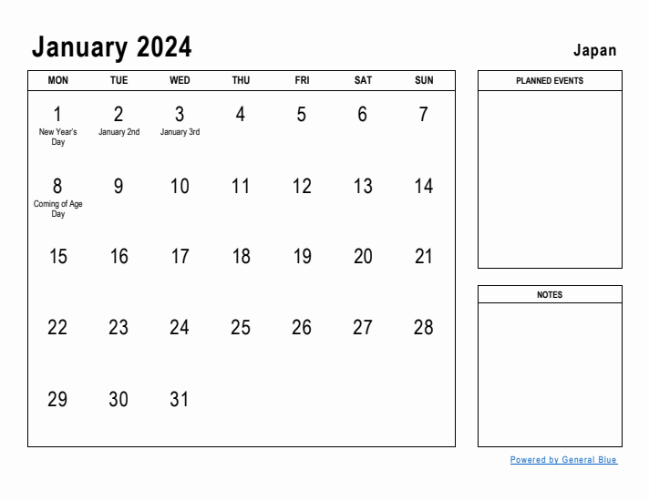 January 2024 Printable Monthly Calendar with Japan Holidays