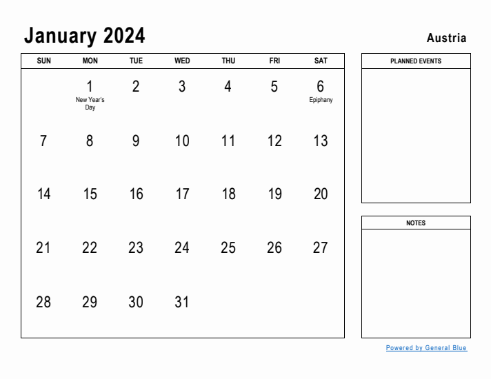 January 2024 Printable Monthly Calendar with Austria Holidays