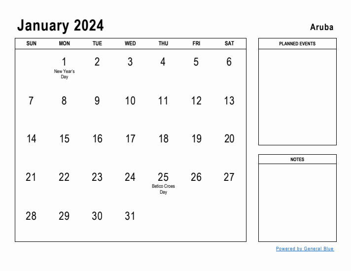 January 2024 Printable Monthly Calendar with Aruba Holidays