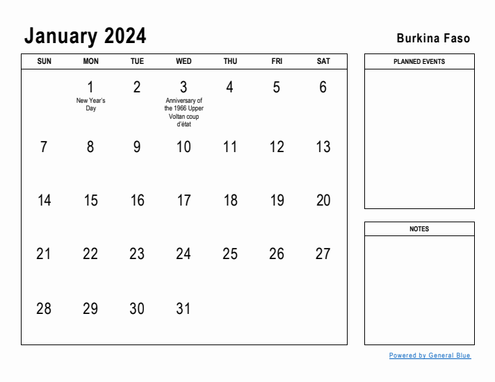 January 2024 Printable Monthly Calendar with Burkina Faso Holidays