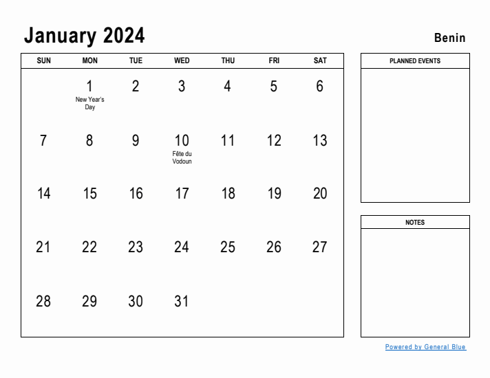 January 2024 Printable Monthly Calendar with Benin Holidays