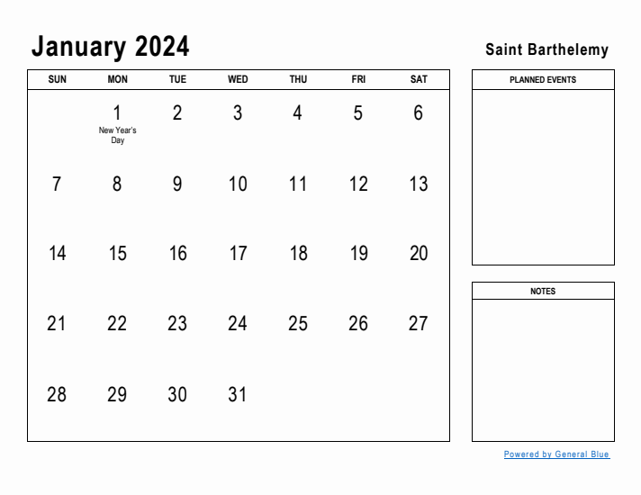 January 2024 Printable Monthly Calendar with Saint Barthelemy Holidays