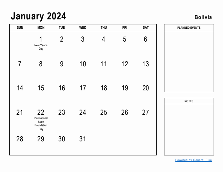 January 2024 Printable Monthly Calendar with Bolivia Holidays