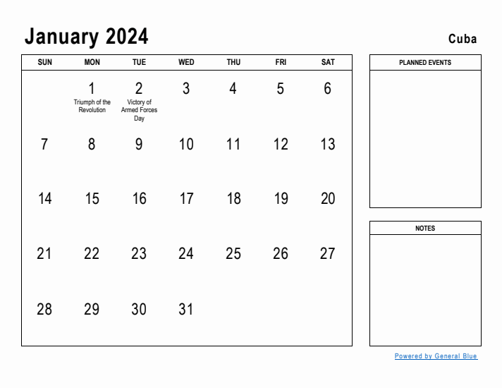 January 2024 Printable Monthly Calendar with Cuba Holidays