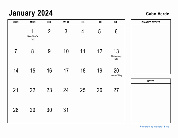 January 2024 Printable Monthly Calendar with Cabo Verde Holidays