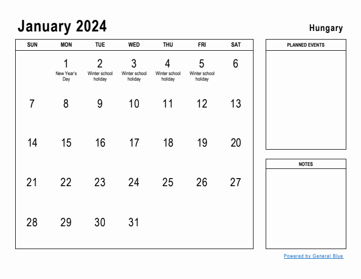 January 2024 Printable Monthly Calendar with Hungary Holidays