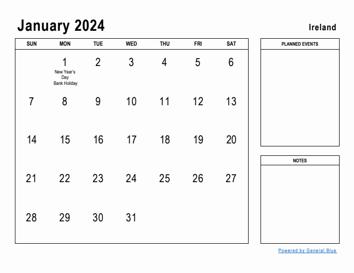 January 2024 Printable Monthly Calendar with Ireland Holidays