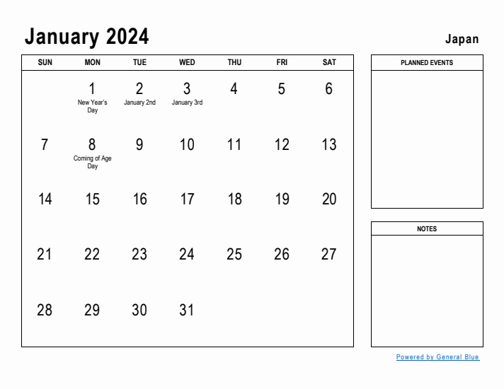 January 2024 Printable Monthly Calendar with Japan Holidays