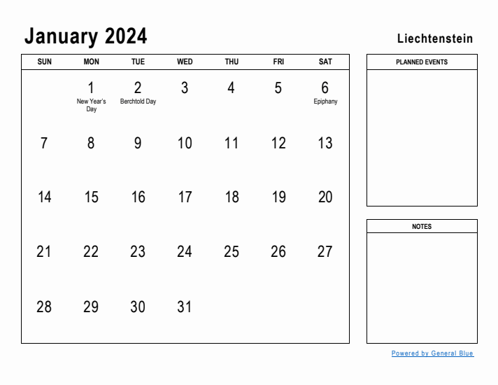 January 2024 Printable Monthly Calendar with Liechtenstein Holidays