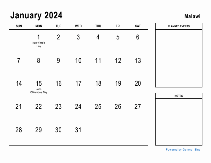 January 2024 Printable Monthly Calendar with Malawi Holidays