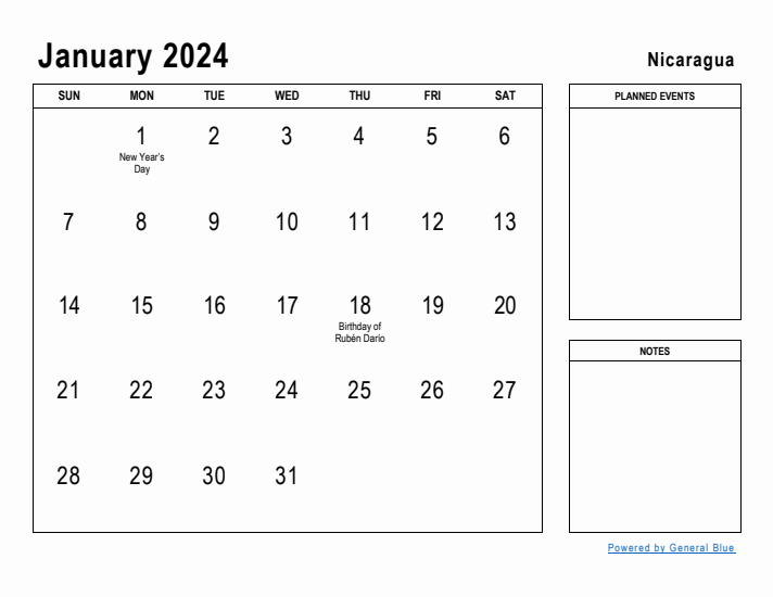 January 2024 Printable Monthly Calendar with Nicaragua Holidays