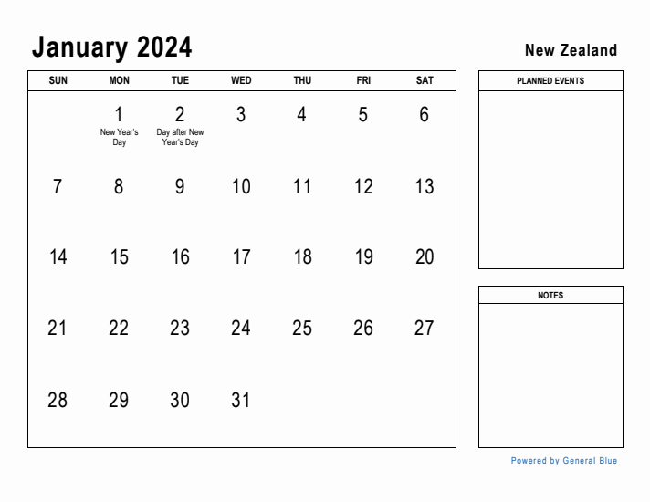 January 2024 Printable Monthly Calendar with New Zealand Holidays