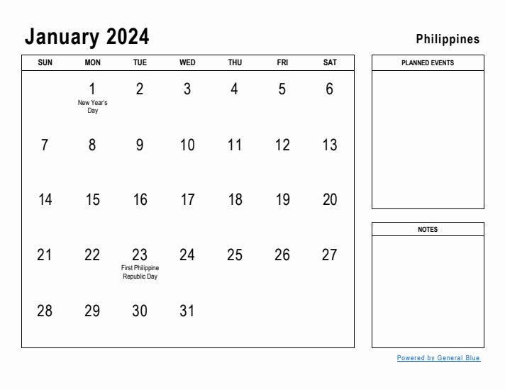 January 2024 Printable Monthly Calendar with Philippines Holidays