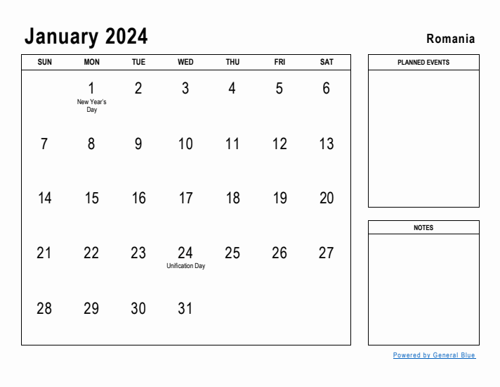 January 2024 Printable Monthly Calendar with Romania Holidays