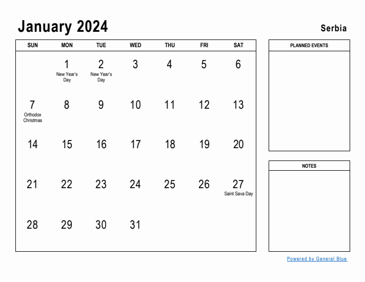 January 2024 Printable Monthly Calendar with Serbia Holidays