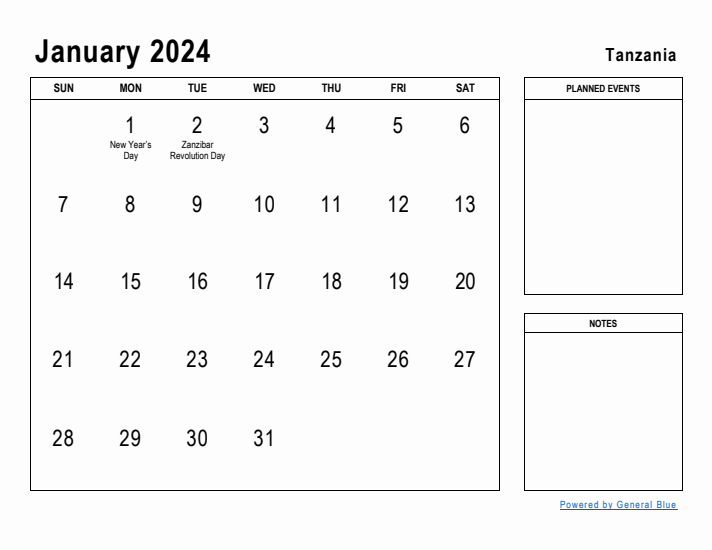 January 2024 Printable Monthly Calendar with Tanzania Holidays