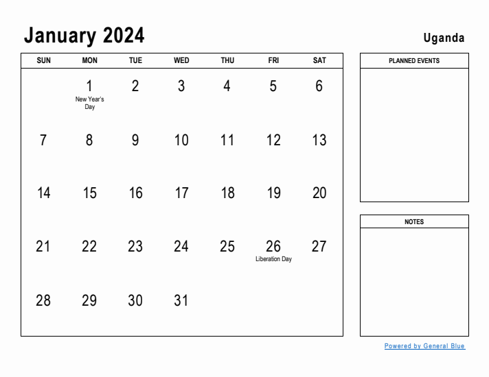 January 2024 Printable Monthly Calendar with Uganda Holidays