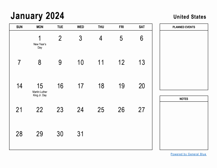 January 2024 Printable Monthly Calendar with United States Holidays