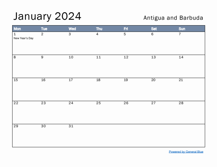 January 2024 Simple Monthly Calendar for Antigua and Barbuda