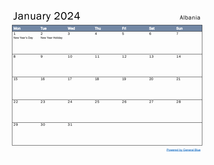 January 2024 Simple Monthly Calendar for Albania