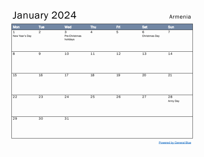 January 2024 Simple Monthly Calendar for Armenia