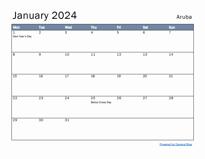 January 2024 Simple Monthly Calendar for Aruba