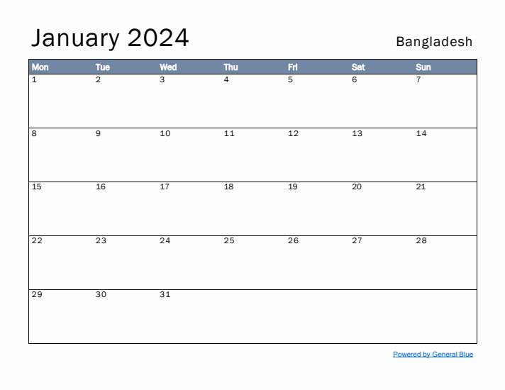 January 2024 Simple Monthly Calendar for Bangladesh