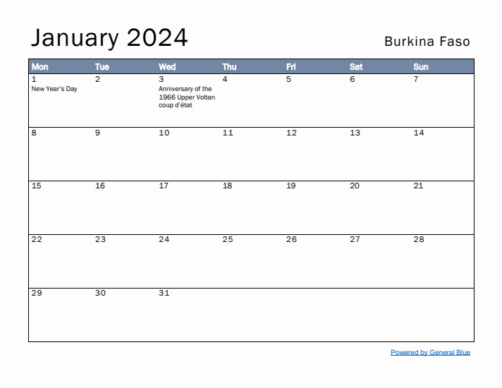 January 2024 Simple Monthly Calendar for Burkina Faso