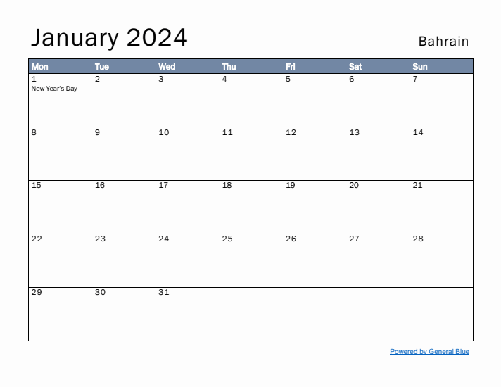 January 2024 Simple Monthly Calendar for Bahrain