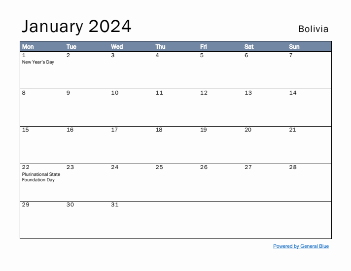 January 2024 Simple Monthly Calendar for Bolivia