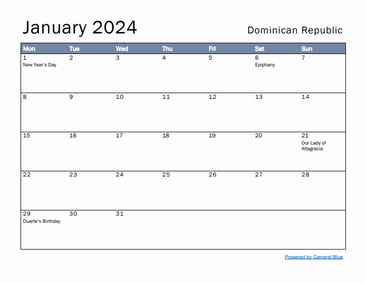 January 2024 Simple Monthly Calendar for Dominican Republic