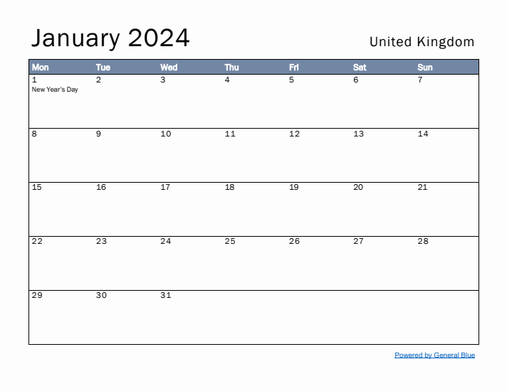 January 2024 Simple Monthly Calendar for United Kingdom