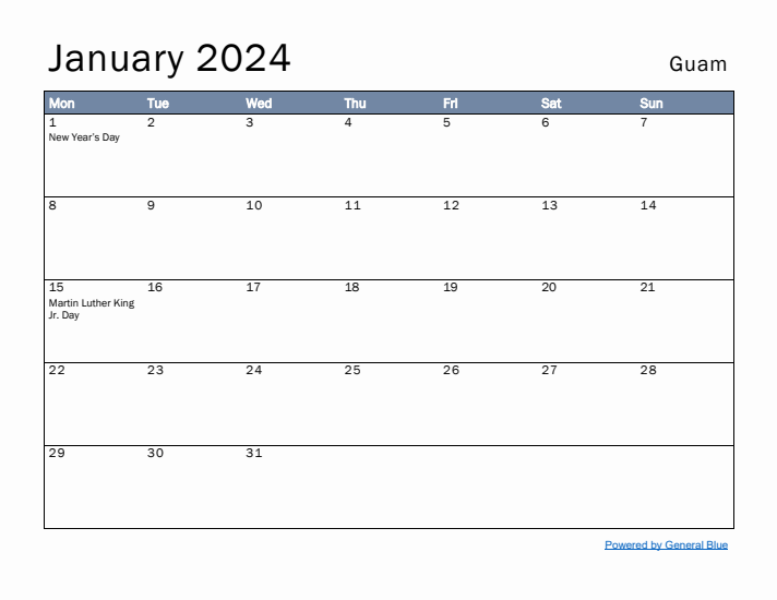 January 2024 Simple Monthly Calendar for Guam