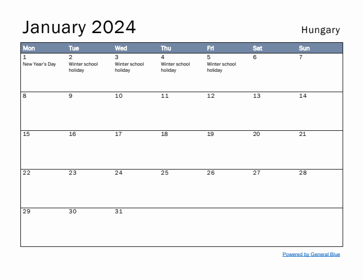 January 2024 Simple Monthly Calendar for Hungary