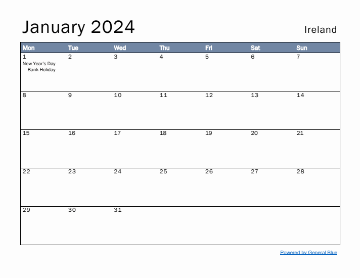 January 2024 Simple Monthly Calendar for Ireland