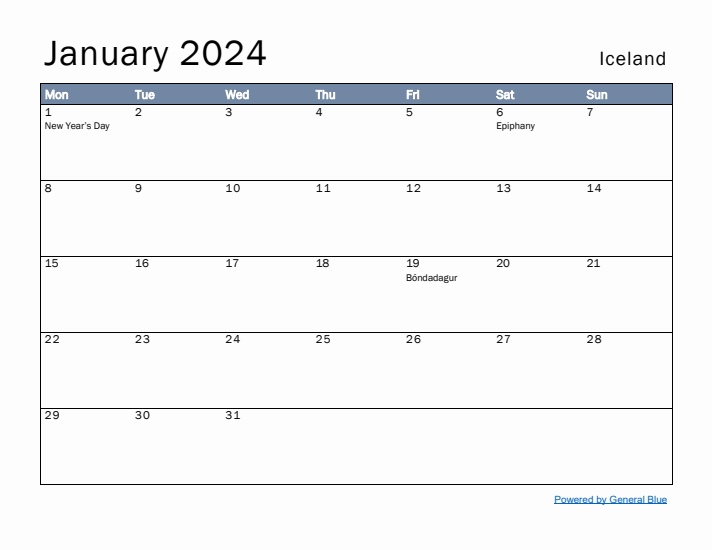 January 2024 Simple Monthly Calendar for Iceland