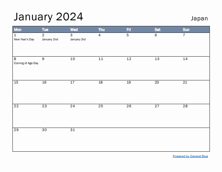 January 2024 Simple Monthly Calendar for Japan