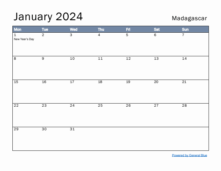 January 2024 Simple Monthly Calendar for Madagascar