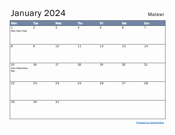 January 2024 Simple Monthly Calendar for Malawi