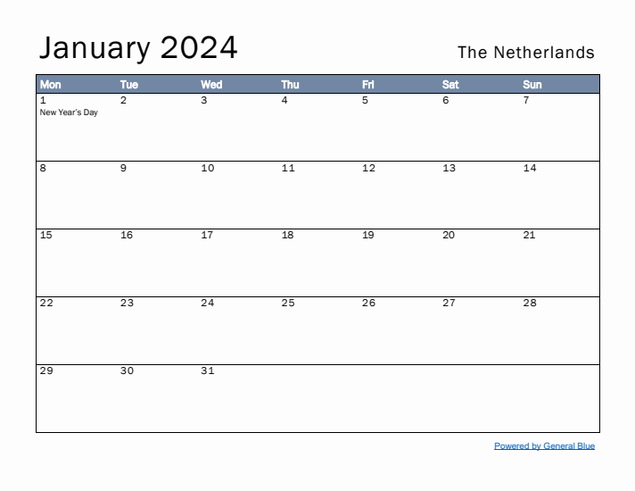 January 2024 Simple Monthly Calendar for The Netherlands