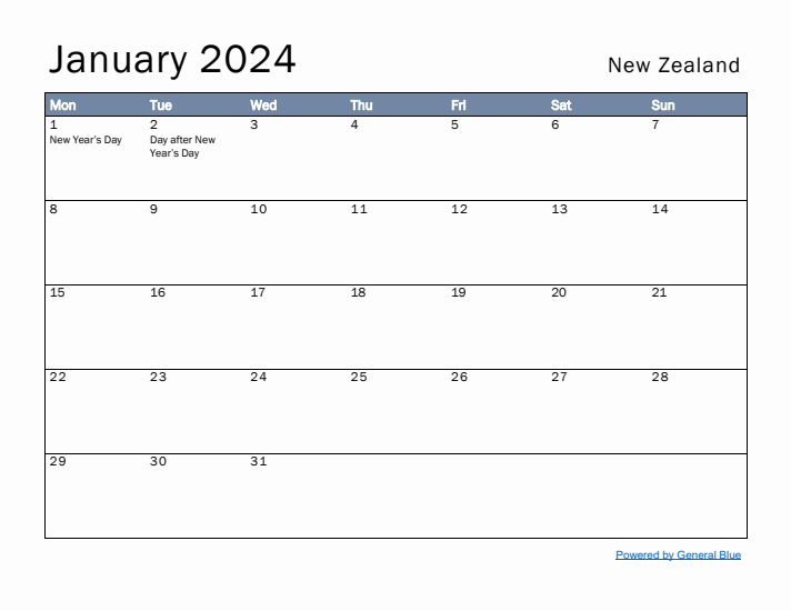 January 2024 Simple Monthly Calendar for New Zealand