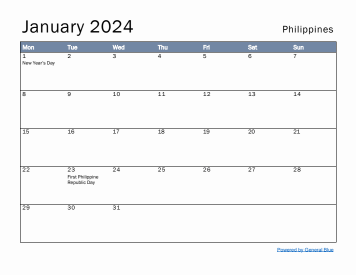 January 2024 Simple Monthly Calendar for Philippines