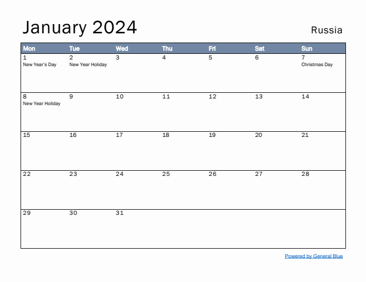 January 2024 Simple Monthly Calendar for Russia