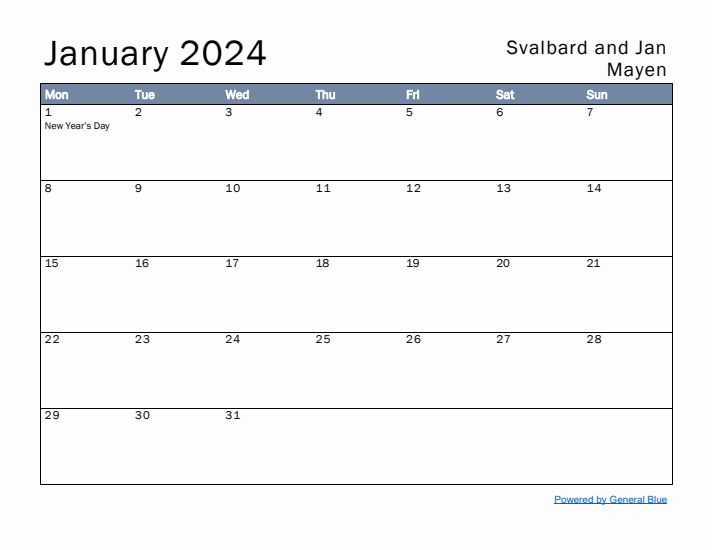 January 2024 Simple Monthly Calendar for Svalbard and Jan Mayen