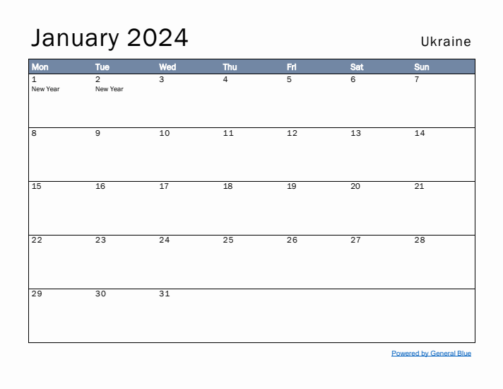 January 2024 Simple Monthly Calendar for Ukraine