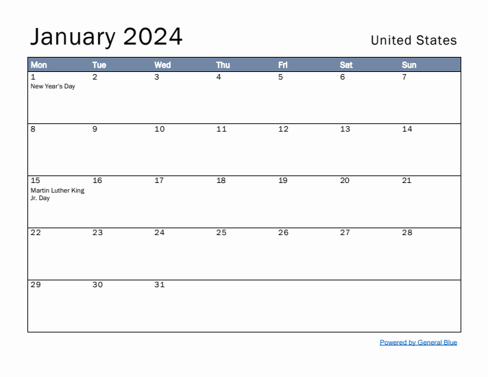 January 2024 Simple Monthly Calendar for United States