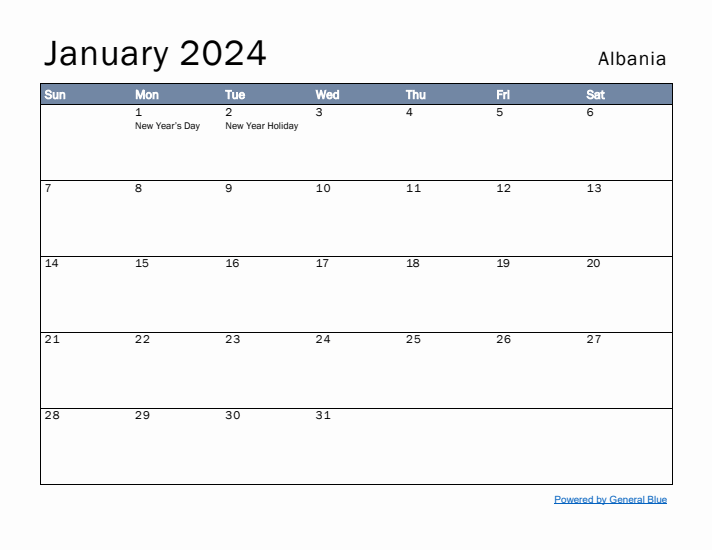 January 2024 Simple Monthly Calendar for Albania